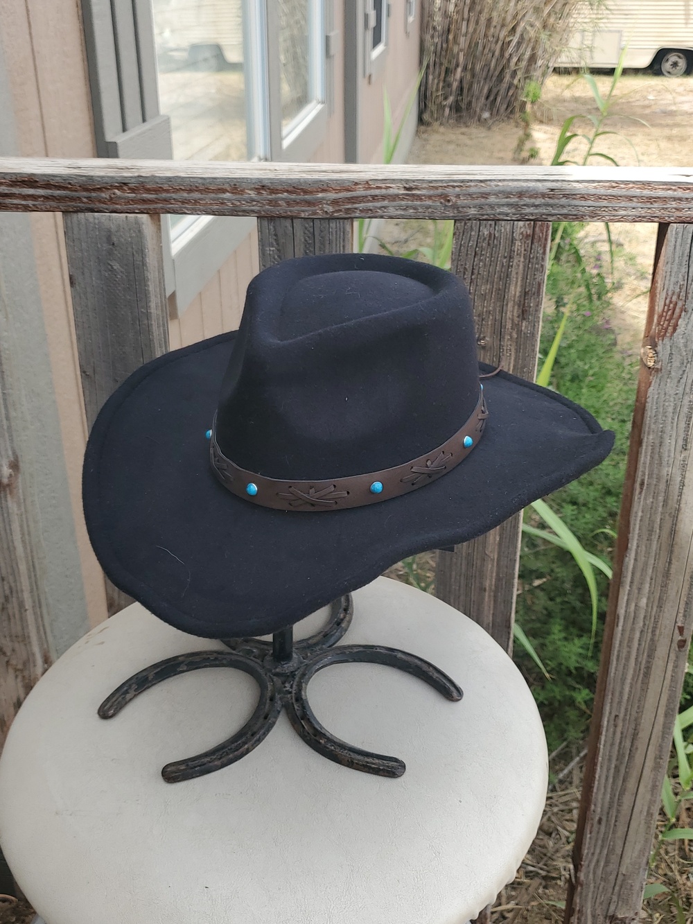 FRYE Black Western Cowboy Hat • Turquoise Studded Band • OSFM